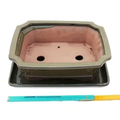 bonsai skål med fat storlek 4 - olivbrun - kantig - modell g4 - l 26cm - l 20cm - h 8cm