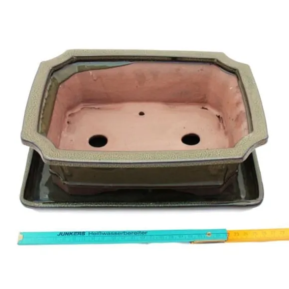 bonsai skål med fat storlek 4 - olivbrun - kantig - modell g4 - l 26cm - l 20cm - h 8cm