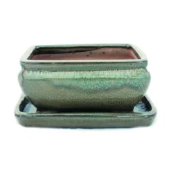 bonsai skål med fat storlek 2 - olivbrun - kantig - modell g81 - l 14,5 cm - b 11,3 cm - h 6,6 cm