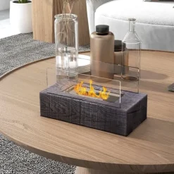 Bordsetanolkamin 0,15 L, portabel med trälook, rostfritt stål 33×16×18 cm