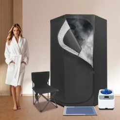 Bärbar ångsauna - Saunatält för hemmet - 1350 W - 3 l vattentank - 9 värmelägen - Timer 5–60 min - Hopfällbar stol - 1,15 m sladd