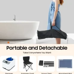 Bärbar ångsauna - Saunatält för hemmet - 1350 W - 3 l vattentank - 9 värmelägen - Timer 5–60 min - Hopfällbar stol - 1,15 m sladd