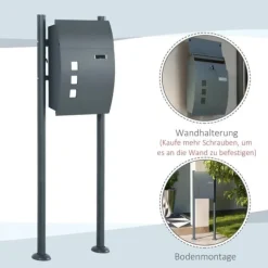 Brevlåda med stativ och tidningsfack, 44x15x114 cm, antracit