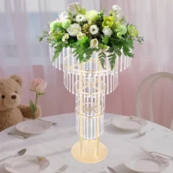 Bröllopsblomsterställ med kristaller - 4-vånings rund piedestal - Fristående - 50×90 cm - Järn och akryl - Ljusrosa