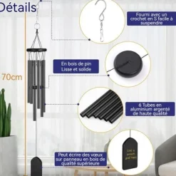 Carillon eolien PASSIONOVA 70 cm Vindspel i trä och metall med krok 6 aluminiumrör Vindspel Carillon à Vent