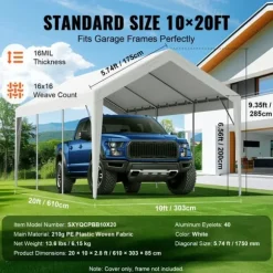 Carport ersättande kapell 10 x 20 fot, garage tält, vattentät & UV-skyddad, enkel installation med bollbyxor, vit (endast topp)