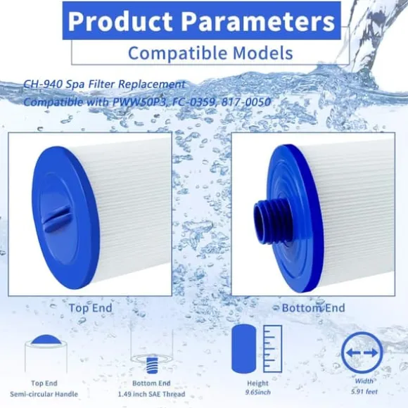 CH-940 Spa-filterersättning, kompatibel med flera modeller, för bubbelpool/spa, 1 1/2-tums SAE-gänga, 2-pack