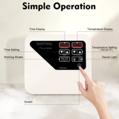 Digital bastuugnskontroller, effektutgång 3-9KW, spänning 220-240V, ström 4.5-13.7A, temperaturintervall 40-105℃, dimensioner 24.5*21.5*8cm