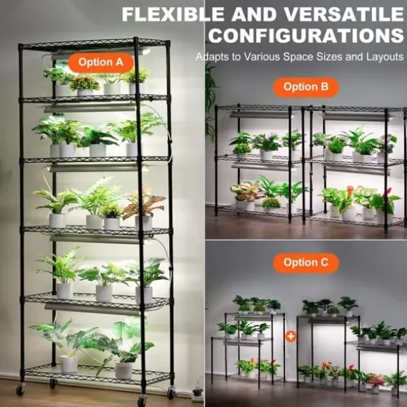 DIY Växtställ med Grow Lights 6 våningar, 192W, Hög Växtstödhylla för inomhusodling och ljustillförsel, perfekt för växttillväxt