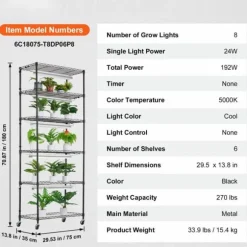 DIY Växtställ med Grow Lights 6 våningar, 192W, Hög Växtstödhylla för inomhusodling och ljustillförsel, perfekt för växttillväxt