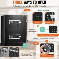 Dubbeldörr Kassaskåp 3,5 ku.ft med Nyckellås och Lösenord, Brandsäker Väska i Svart