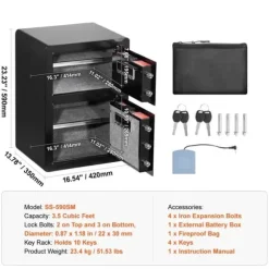 Dubbeldörr Kassaskåp 3,5 ku.ft med Nyckellås och Lösenord, Brandsäker Väska i Svart