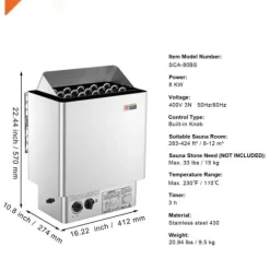 Elektrisk Bastuvärmare 8KW, Inbyggd kontroll, Rostfritt stål, lämplig för 8-12 m³HomeSpa