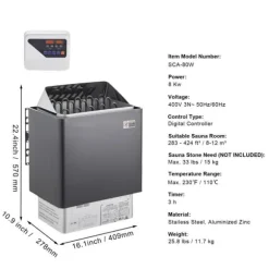 Elektrisk Bastuvärmare 8KW, Digital Controller, för hemmaspa 8-12 m³