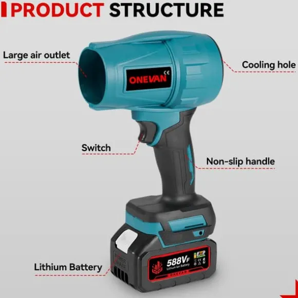 Elektrisk Borstlös blåsare, sladdlös blåsare Snöslunga,28000 rpm, 576 km/h , med 2 batterier