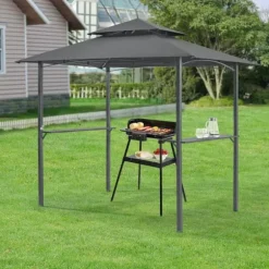 [en.casa] BBQ-paviljong Parga-grillpaviljong-250x241x151cm-pulverlackerat stål-eldtåligt tak-med sidohyllor-antracit-mörkgrå