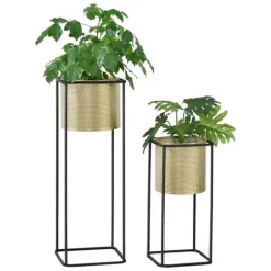 [en.casa] Växtställ Mettet set 2-med inbyggda krukor-46x21x21cm-70x25x25cm-metall-svart-guld