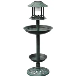 Fågelbad med soldriven lampa - Dekorativ trädgårdsartikel | Färg: Grön | Storlek: 40x40x110 cm