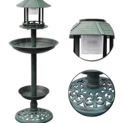 Fågelbad med soldriven lampa - Dekorativ trädgårdsartikel | Färg: Grön | Storlek: 40x40x110 cm