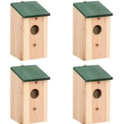 Fågelholkar i trä - 4-pack med grön takdesign | Storlek: 12x12x22 cm | Färg: Träfärgad/Grön