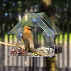 Fågelmatare i transparent husdesign för fönster - med väderskydd