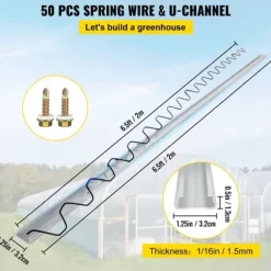 Fjädertråd & låskanal, 6,56 fot fjäderlås & U-kanalspaket för växthus, 50 PE-belagda förpackningar.