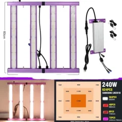 Fällbar LED-växtlampa, justerbar ljusstyrka, fullspektrum,240W
