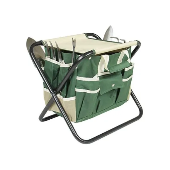 Fällbar pall med en väska och en uppsättning trädgårdsredskap