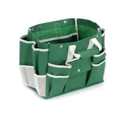 Fällbar pall med en väska och en uppsättning trädgårdsredskap