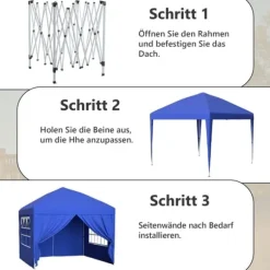 Fällbar trädgårdspaviljong 3x3 m med 4 sidoväggar, höjdjusterbar i 3 lägen, blå