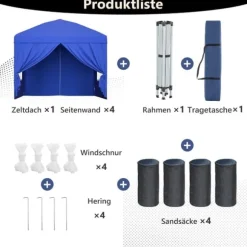 Fällbar trädgårdspaviljong 3x3 m med 4 sidoväggar, höjdjusterbar i 3 lägen, blå