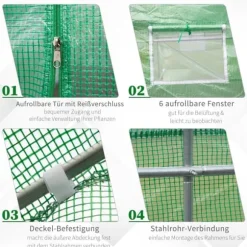 Folietunnel 445x190x200 cm med fönster, tomatväxthus, grön