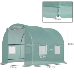 Folietunnel 245x200x198 cm med fönster, tomatväxthus/odlingstunnel, grön