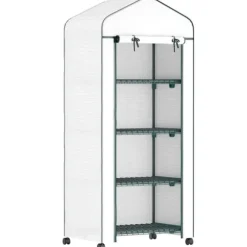 Folieväxthus 69x50x165 cm med hjul & hyllor, stålskelett, vintertåligt, vitt – för tomater & växter
