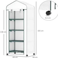 Folieväxthus 69x50x165 cm med hjul & hyllor, stålskelett, vintertåligt, vitt – för tomater & växter