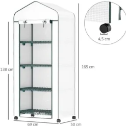 Folieväxthus 69x50x165 cm med hjul & hyllor, stålskelett, vintertåligt, vitt – för tomater & växter