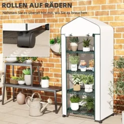 Folieväxthus 69x50x165 cm med hjul & hyllor, stålskelett, vintertåligt, vitt – för tomater & växter