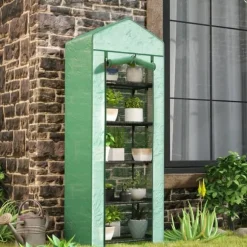 Folieväxthus 69x49x193 cm med rullport & hyllor, grönt