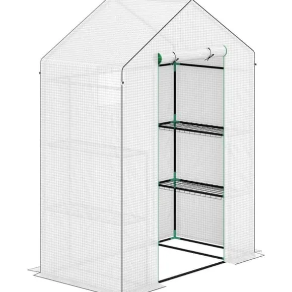 Folieväxthus 143x74x190 cm med rullport, fönster & hyllor, vitt