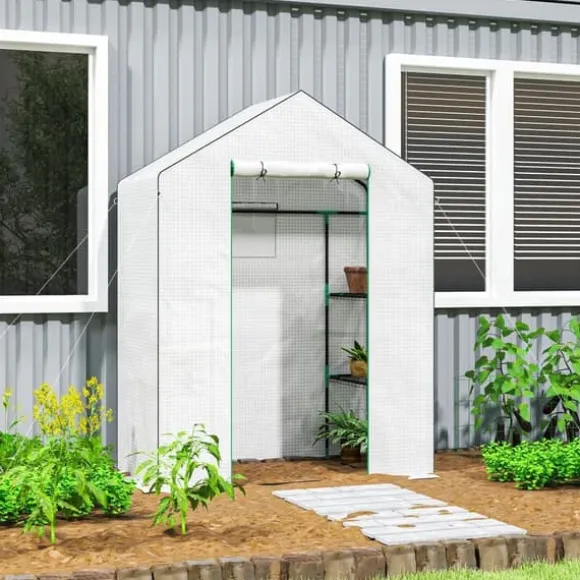 Folieväxthus 143x74x190 cm med rullport, fönster & hyllor, vitt