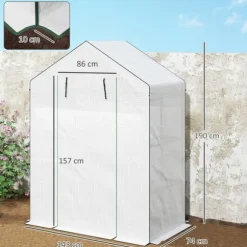 Folieväxthus 143x74x190 cm med rullport, fönster & hyllor, vitt