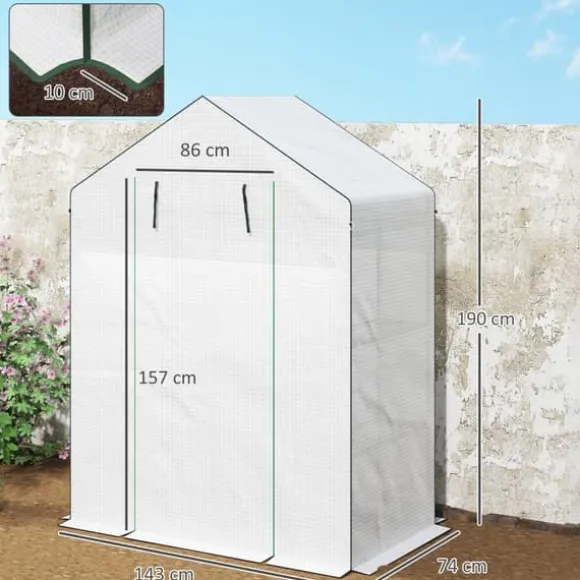 Folieväxthus 143x74x190 cm med rullport, fönster & hyllor, vitt