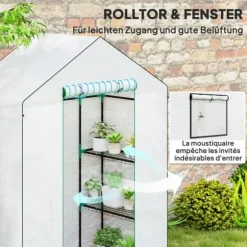 Folieväxthus 143x74x190 cm med rullport, fönster & hyllor, vitt