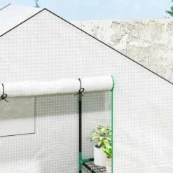 Folieväxthus 143x74x190 cm med rullport, fönster & hyllor, vitt