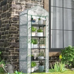 Folieväxthus 69x49x193 cm med rullport & hyllor, vintertåligt, stål, vitt