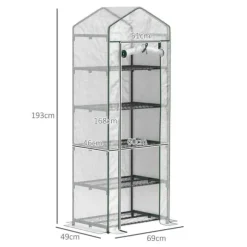 Folieväxthus 69x49x193 cm med rullport & hyllor, vintertåligt, stål, vitt