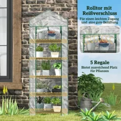 Folieväxthus 69x49x193 cm med rullport & hyllor, vintertåligt, stål, vitt