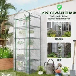 Folieväxthus 69x49x193 cm med rullport & hyllor, vintertåligt, stål, vitt