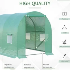 Folieväxthus 395x195x190 cm, rundbåge, 6 nätfönster – odlingstunnel