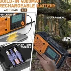 Fuleadture Handvevsradio 4000mAh, AM/FM/SW Väderradio, Solcell Vevradio, SOS & Ficklampa för Nödsituationer